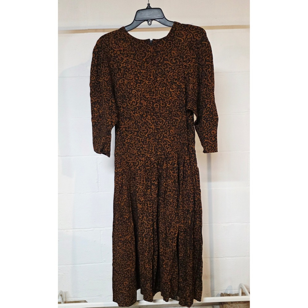 Vintage Joni Blair Bronze Paisley Damask Drop Waist Midi Dress Womens 13 Rayon